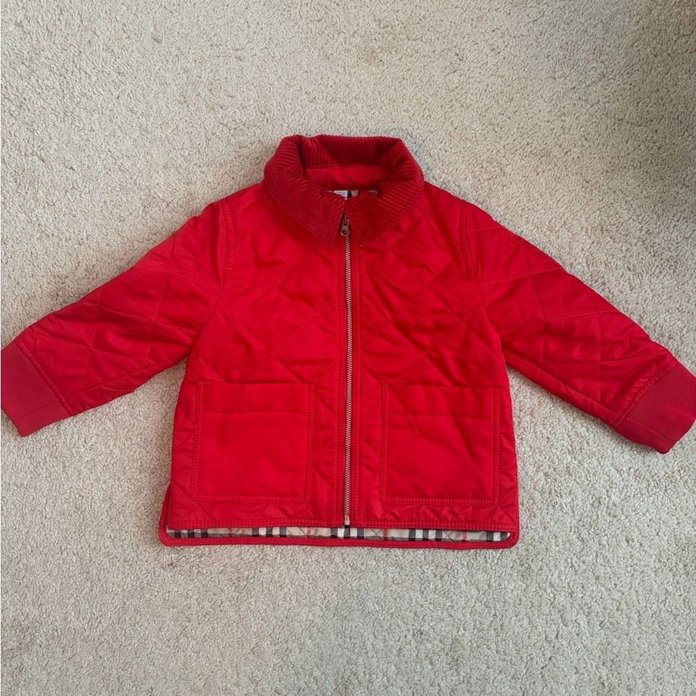 Burberry NWT Infant Baby Kids Otis Corduroy Collar Quilted Jacket Red Size 18 Mo